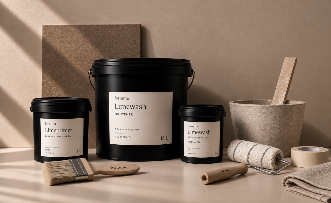 Bodegón con el material necesario para aplicar Limewash: envases de Limewash y Limeprimer, brocha, rodillo, recipiente y cinta.