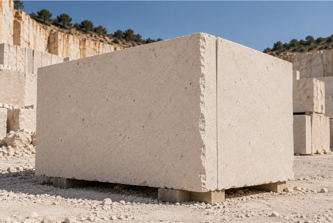 Bloque macizo de caliza Limeaurea en la cantera, con la pared de extracción al fondo.