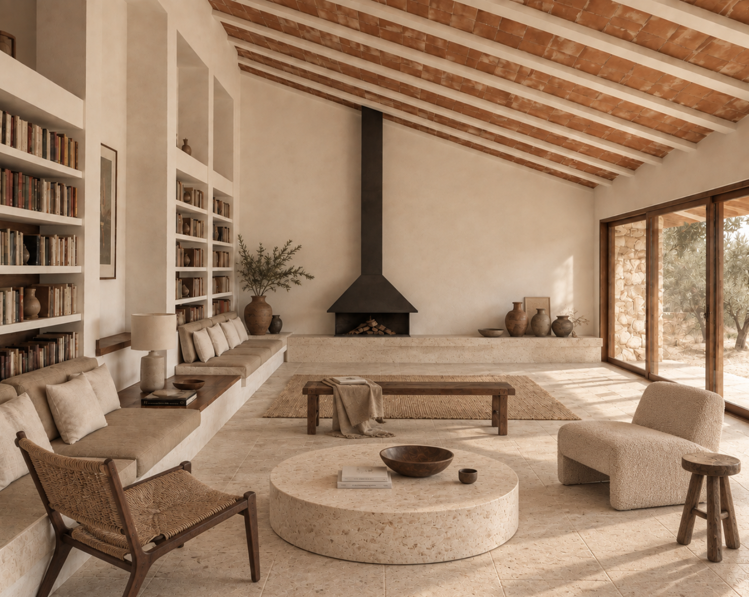 Salón con suelo de caliza Limeaurea, chimenea y techo de teja