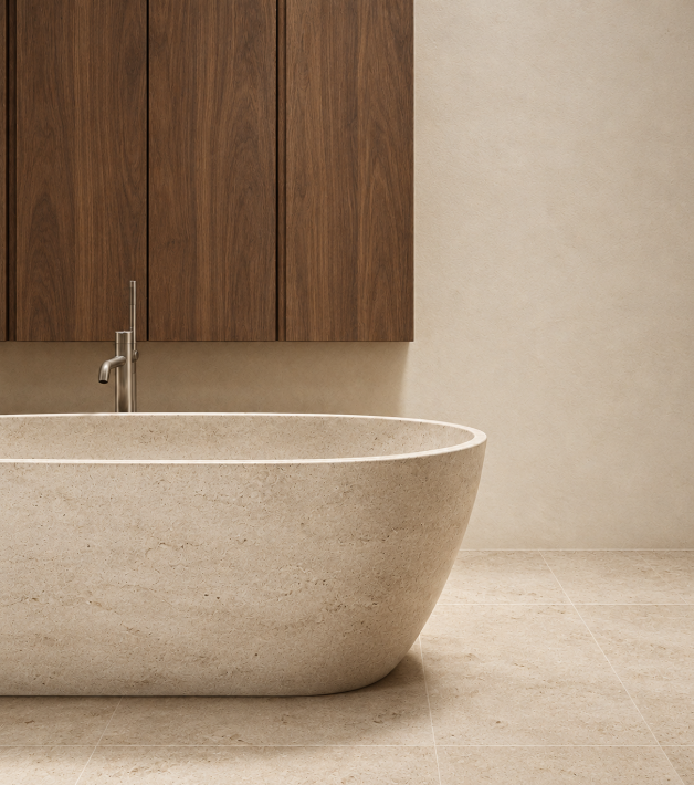 Bañera maciza de caliza Limeivory sobre suelo de piedra con mueble de madera