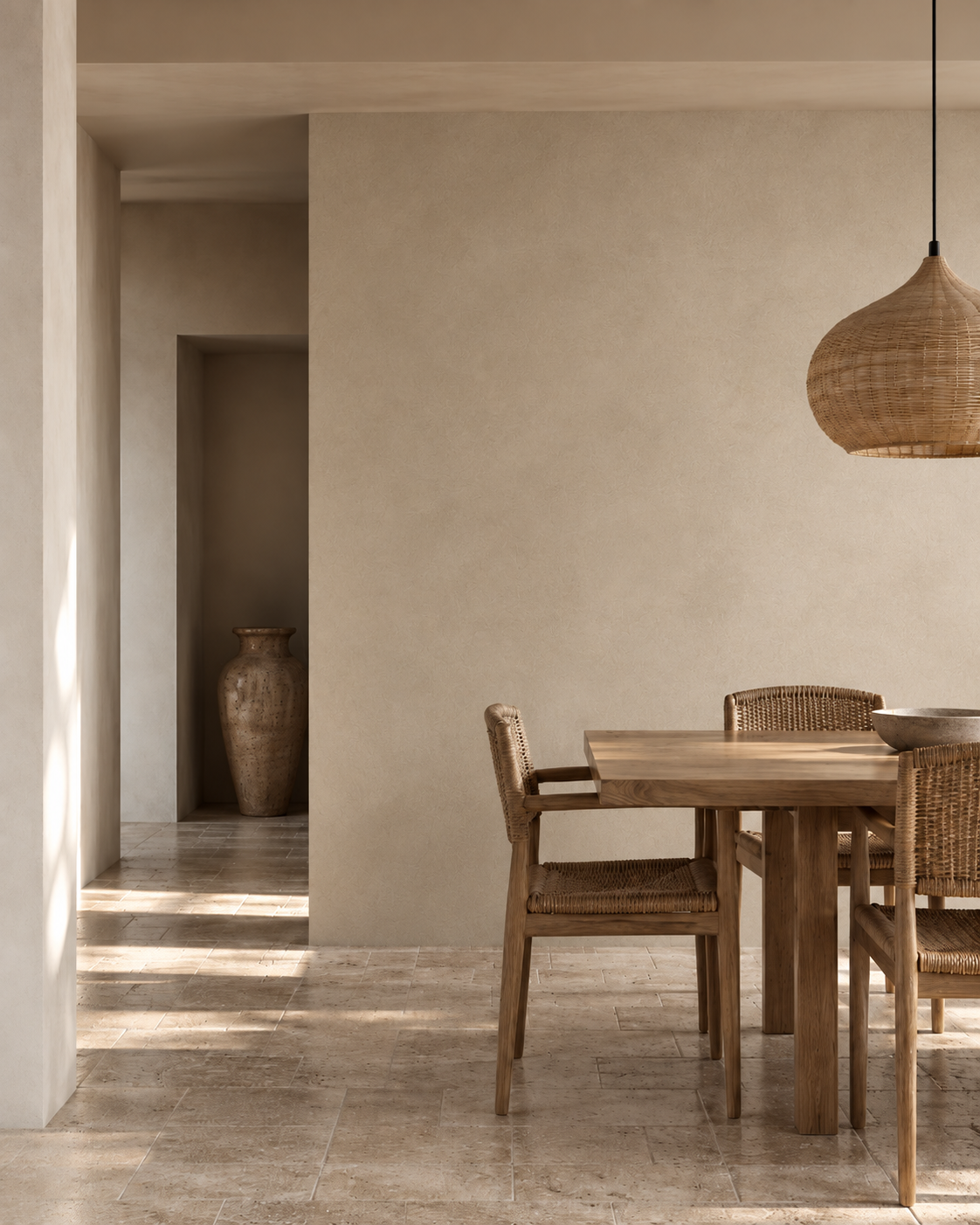 Interior finished with warm mineral-textured Limestucco