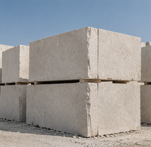 Bloques de caliza Limepearl apilados en la cantera, con vénulas blancas visibles.