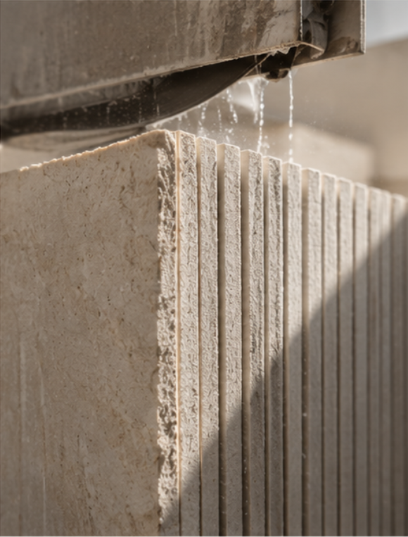 Detalle del mecanizado de un bloque Limestone