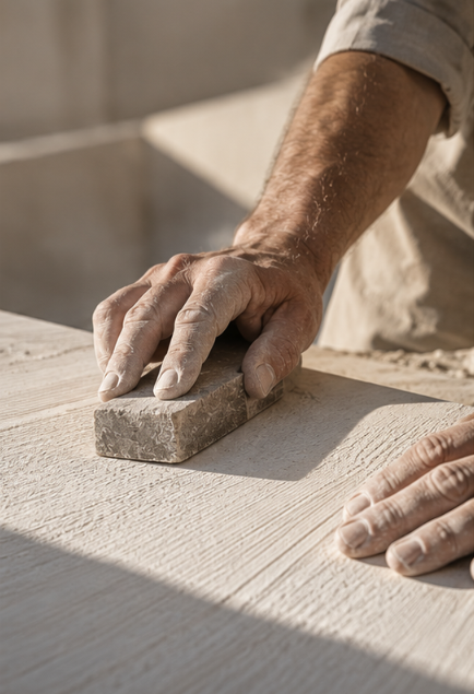 Manos trabajando una superficie de piedra caliza