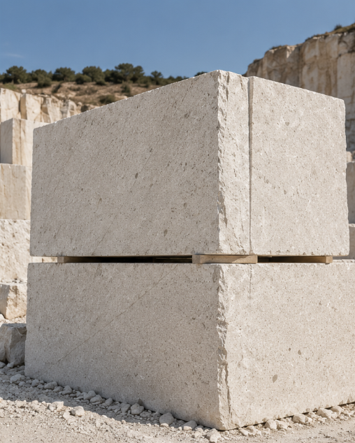 Bloques de caliza Limeivory apilados en cantera sobre separadores de madera.