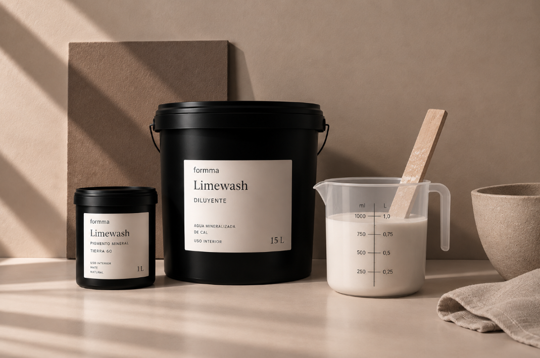 Preparación y homogeneización de Limewash en el recipiente.