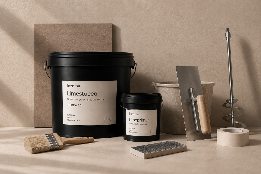 Material necesario para aplicar Limestucco: envase Limestucco, Limeprimer, llana, mezclador, recipiente y cinta de protección.
